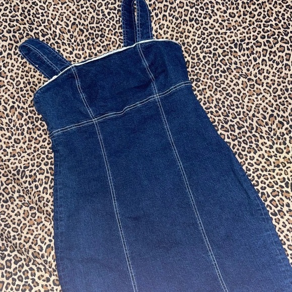 Vintage 90s Denim Dress Lace Trim Contrast Stitch 6 Small Stretchy Jean Mini - Picture 2 of 7